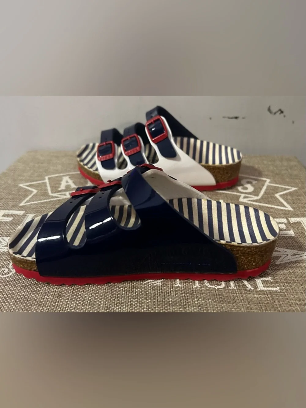 Kids Birkenstock Florida Style Navy, White & Red Triple-Buckle Sandals